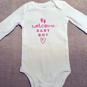 Carter’s homemade baby onesie. Welcome Boy. Long sleeved.